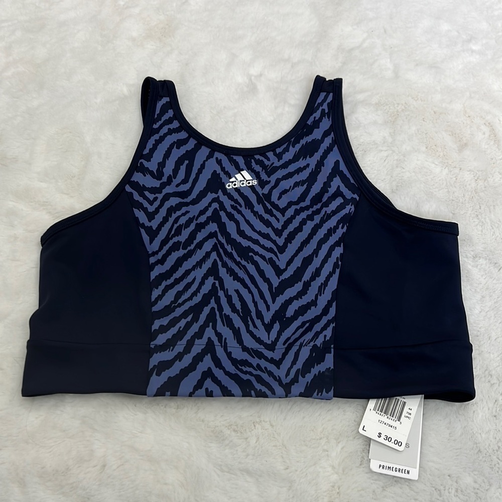 Adidas cropped athletic top size L NWT blue and purple scooped back with mesh